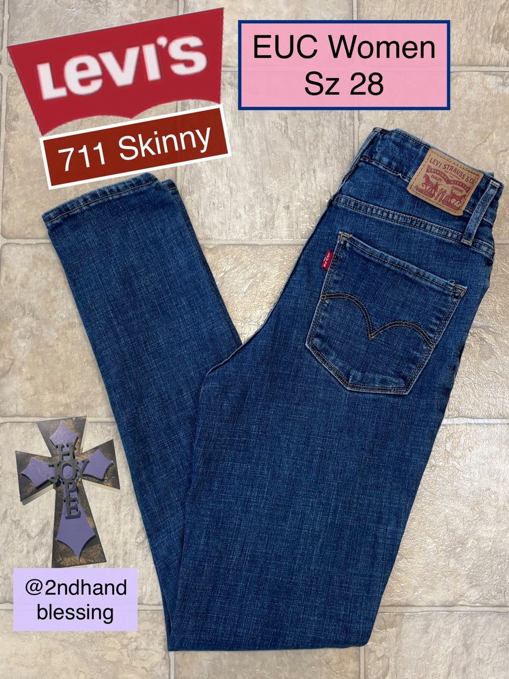 EUC Levi's 711 Skinny Jeans Women Sz 28W 30L in Dark Blue Denim, 10” Mid Rise
